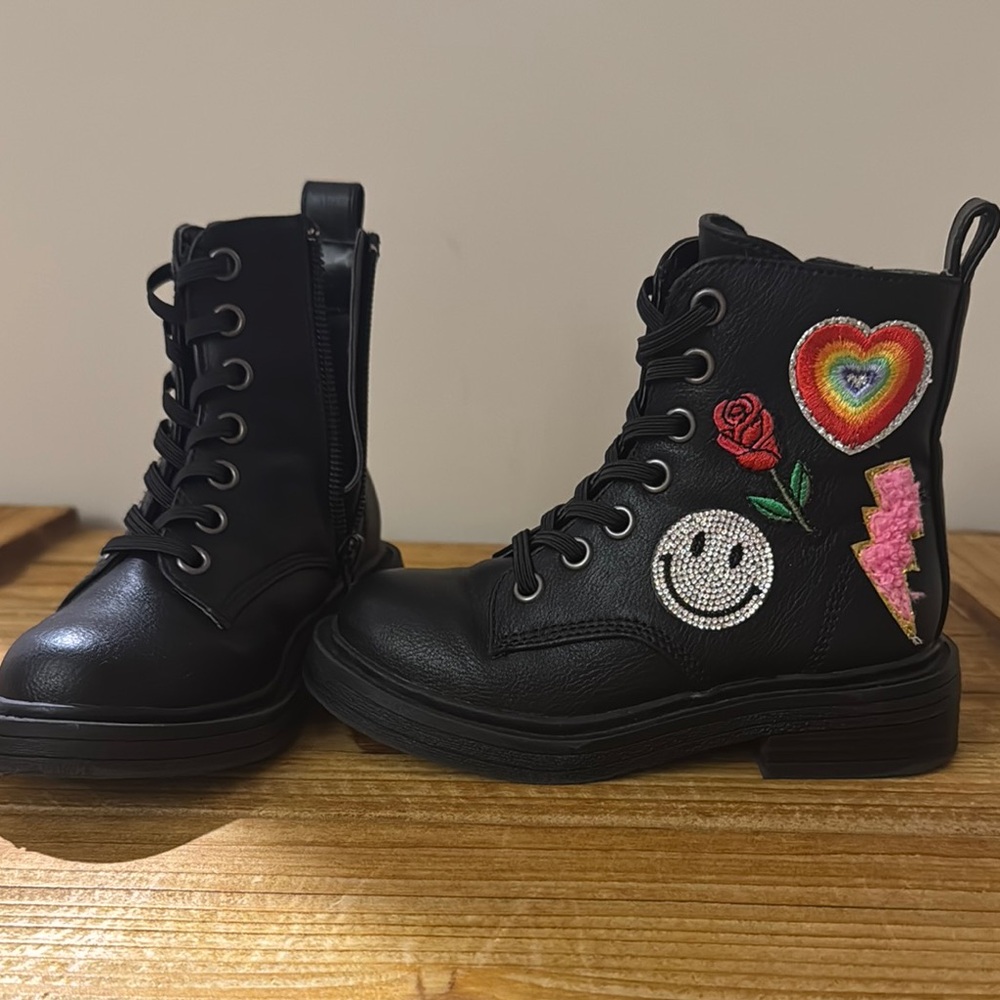 Kids Black Boots with Fun Patches